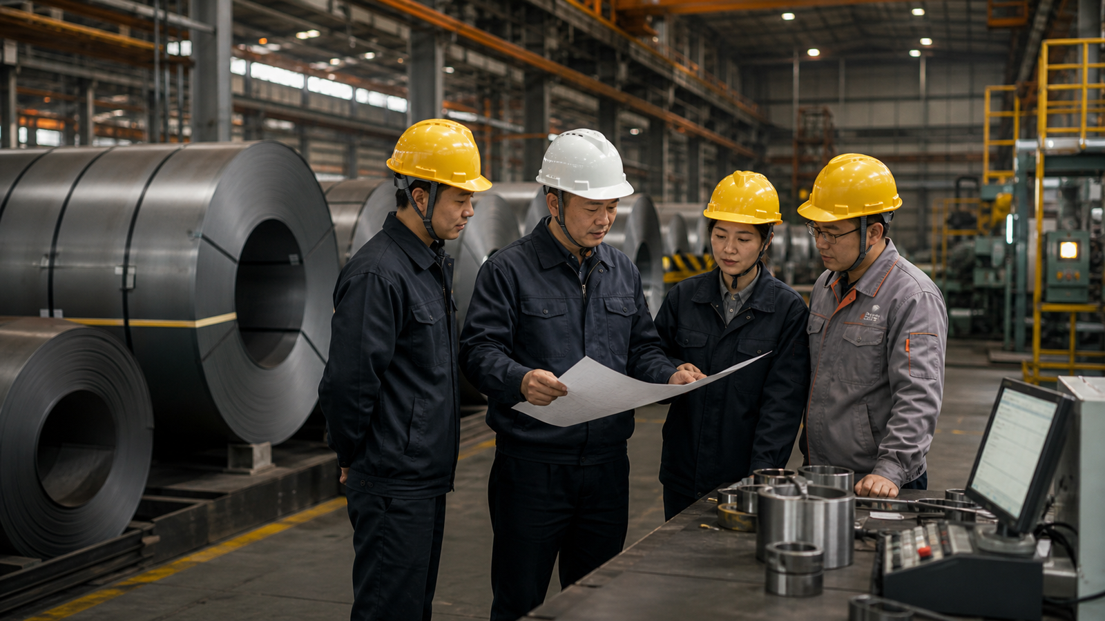 Équipe chinoise examinant la production dans l’usine